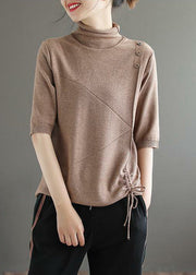 Loose Khaki Turtleneck Drawstring Patchwork Knit Tops Half Sleeve