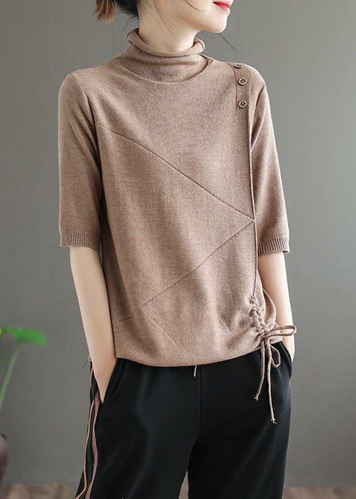 Loose Khaki Turtleneck Drawstring Patchwork Knit Tops Half Sleeve