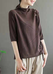 Loose Khaki Turtleneck Drawstring Patchwork Knit Tops Half Sleeve