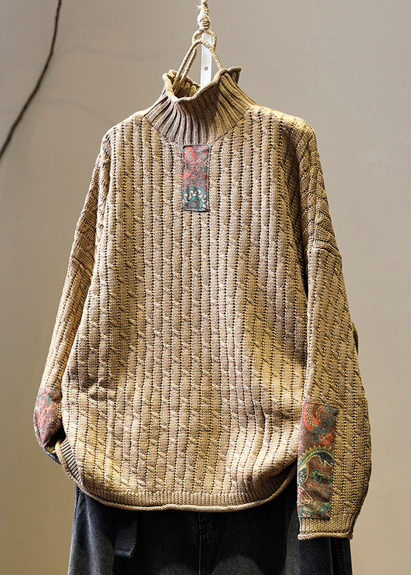 Loose Khaki Turtleneck Patchwork Cotton Knit Sweaters Spring