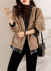 Loose Khaki V Neck Button Patchwork Fuzzy Fur Coats Long Sleeve