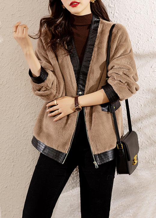 Loose Khaki V Neck Button Patchwork Fuzzy Fur Coats Long Sleeve