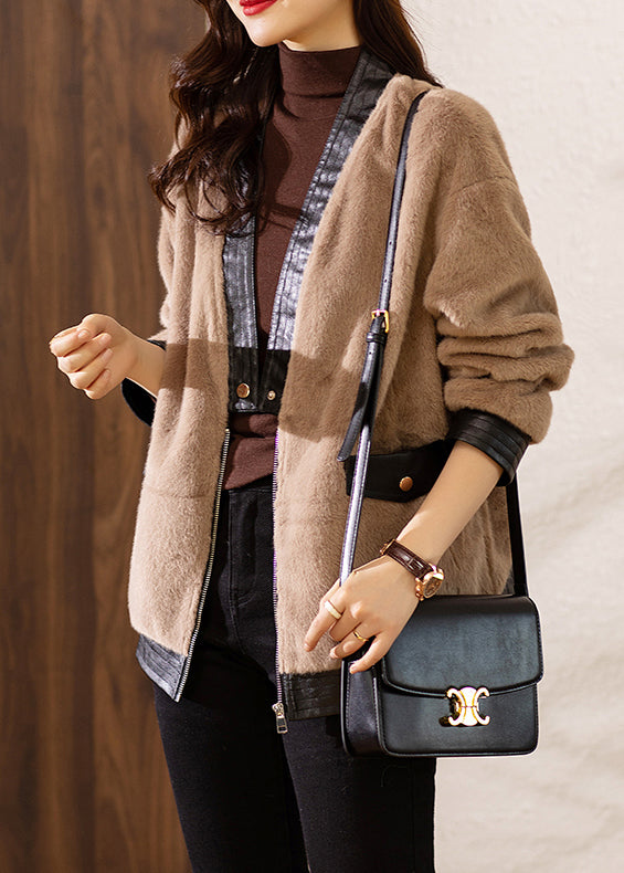 Loose Khaki V Neck Button Patchwork Fuzzy Fur Coats Long Sleeve