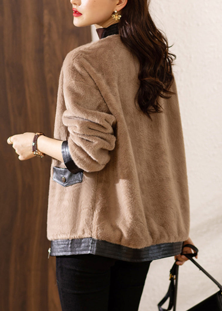 Loose Khaki V Neck Button Patchwork Fuzzy Fur Coats Long Sleeve