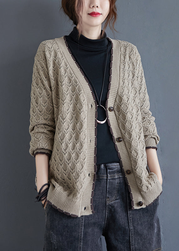 Loose Khaki V Neck Hollow Out Button Knit Cardigan Fall