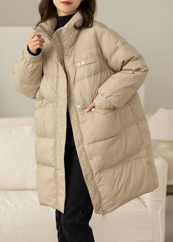 Loose Khaki Zip Up Pockets Patchwork Duck Down Coat Winter