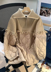 Loose Khaki Zip Up Tasseled Patchwork Thick Knitted Tops Long Sleeve