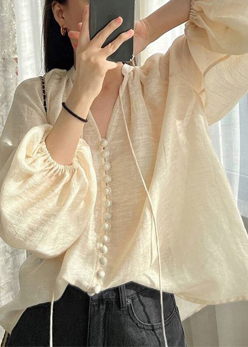 Loose Lace Up Button Patchwork Cotton Shirt Lantern Sleeve