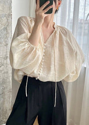 Loose Lace Up Button Patchwork Cotton Shirt Lantern Sleeve