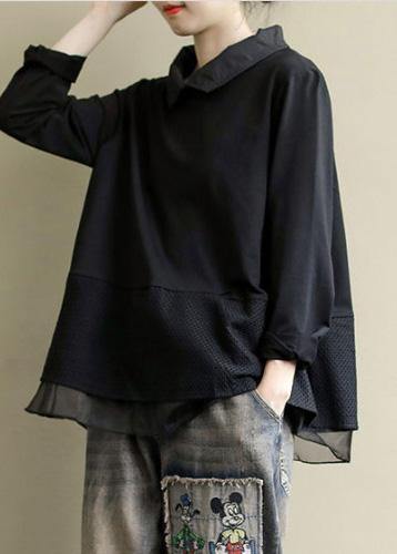 Plus Size Black Tops Lapel Patchwork Clothes Pattern - SooLinen