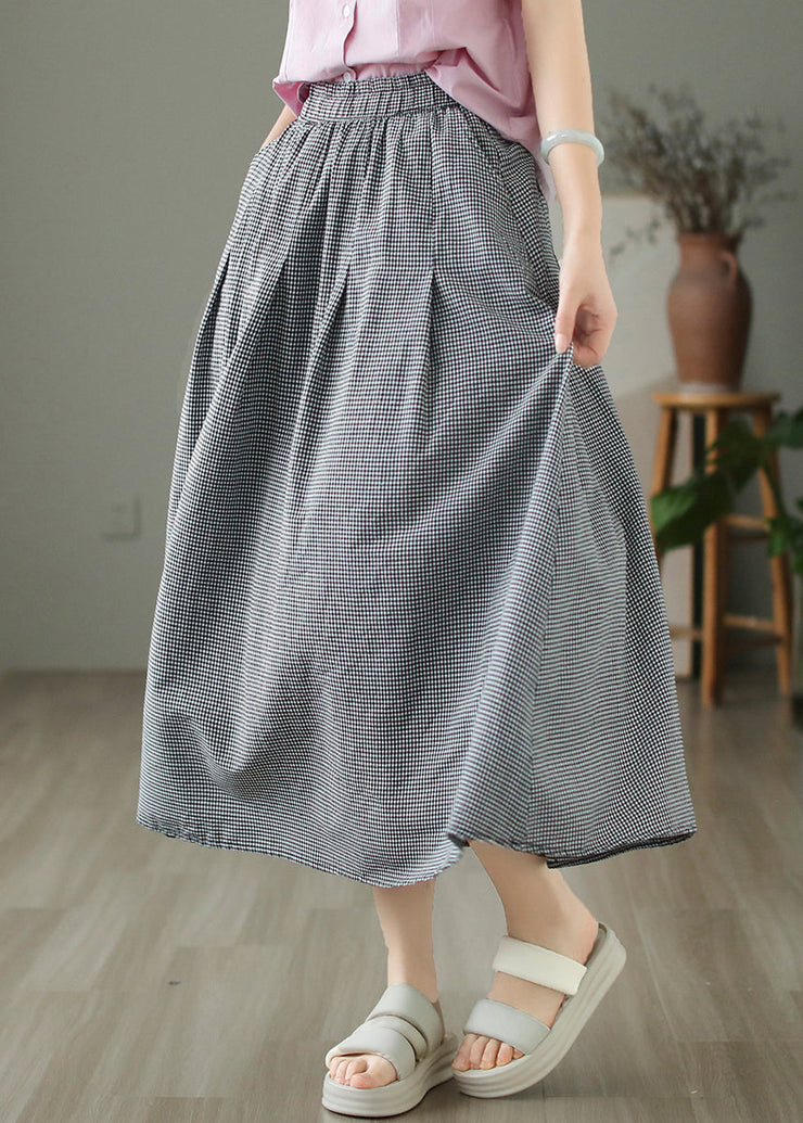 Loose Large Plaid Pockets Elastic Waist Cotton Skirts Summer