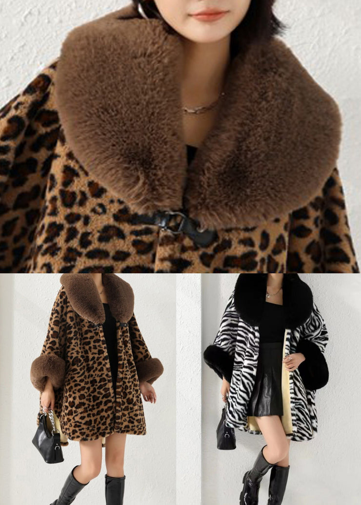 Loose Leopard Fur Collar Side Open Patchwork Warm Fleece Coat Fall