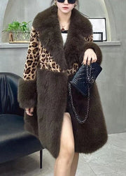 Loose Leopard Peter Pan Collar Button Patchwork Fuzzy Fur Fluffy Coat Long Sleeve