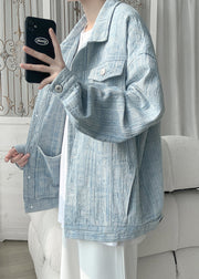 Loose Light Blue Button Pockets Denim Men Coat Spring