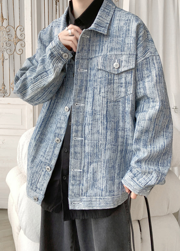 Loose Light Blue Button Pockets Denim Men Coat Spring