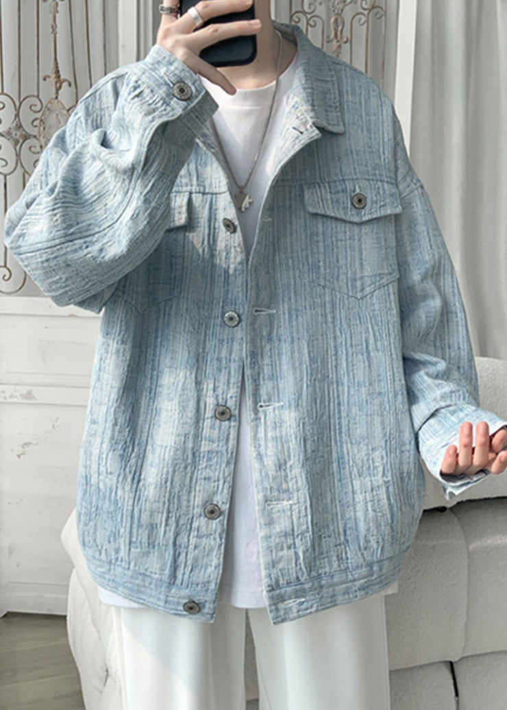 Loose Light Blue Button Pockets Denim Men Coat Spring