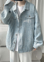 Loose Light Blue Button Pockets Denim Men Coat Spring