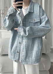 Loose Light Blue Button Pockets Denim Men Coat Spring