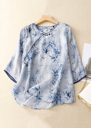 Loose Light Blue O Neck Button Print Cotton Shirt Spring