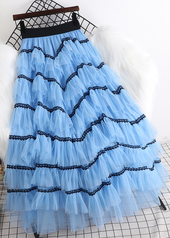 Loose Light Blue Patchwork High Waist Tulle Layered Skirt Spring