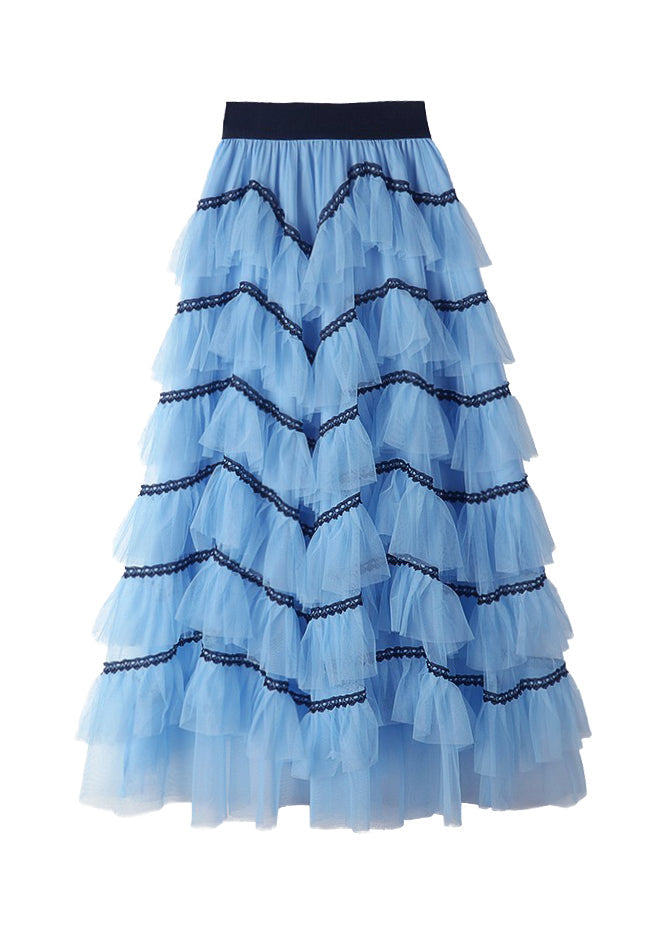 Loose Light Blue Patchwork High Waist Tulle Layered Skirt Spring