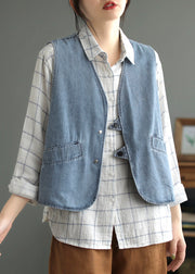 Loose Light Blue V Neck Button Denim Waistcoat Fall