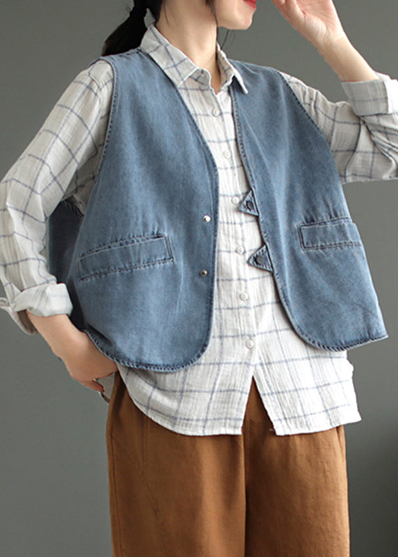 Loose Light Blue V Neck Button Denim Waistcoat Fall