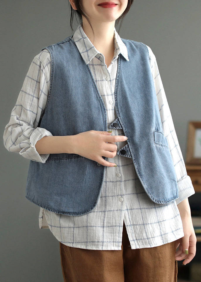 Loose Light Blue V Neck Button Denim Waistcoat Fall