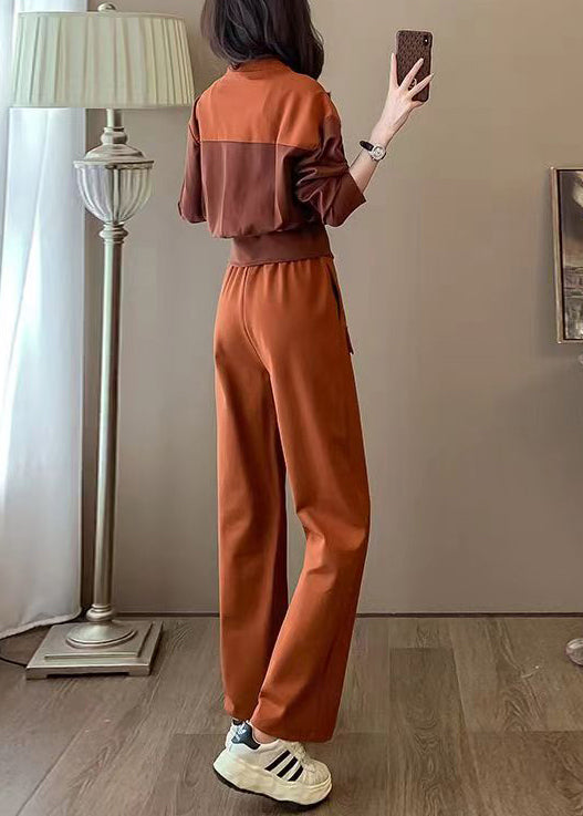 Loose Light Brown Zip Up Elastic Waist Cotton 2 Piece Spring