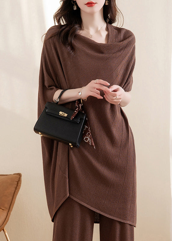 Loose Light Camel Asymmetrical Ice Silk Knit Tops Half Sleeve