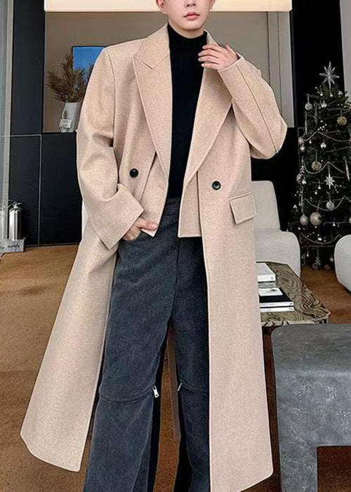 Loose Light Camel Notched False Two Pieces Woolen Mens Coats Winter