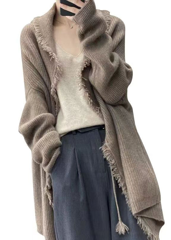 Loose Light Camel Tasseled Patchwork Knit Cardigans Fall