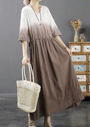 Loose Light Coffee Patchwork Drawstring Maxi Dresses Bracelet Sleeve