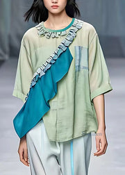 Loose Light Green Asymmetrical Patchwork T Shirt Summer