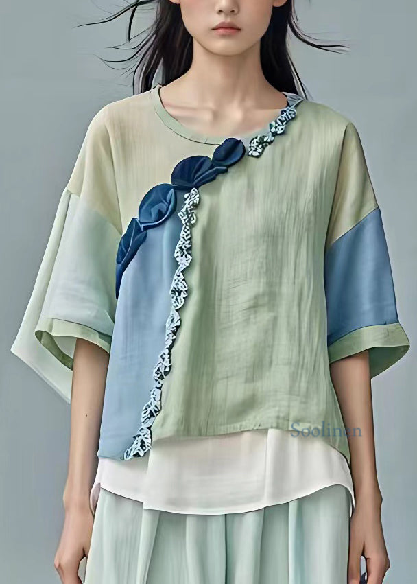 Loose Light Green Patchwork Floral Top Half Sleeve