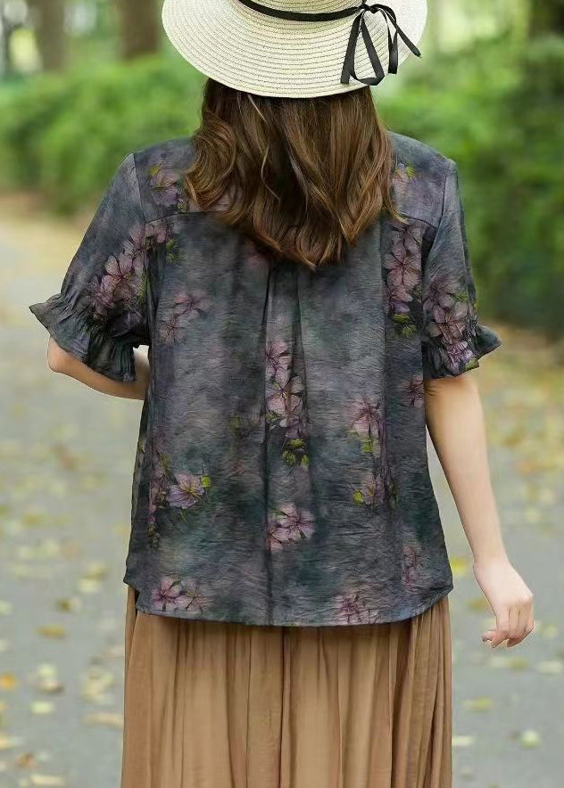 Loose Navy Print Button Patchwork Linen Shirts Summer