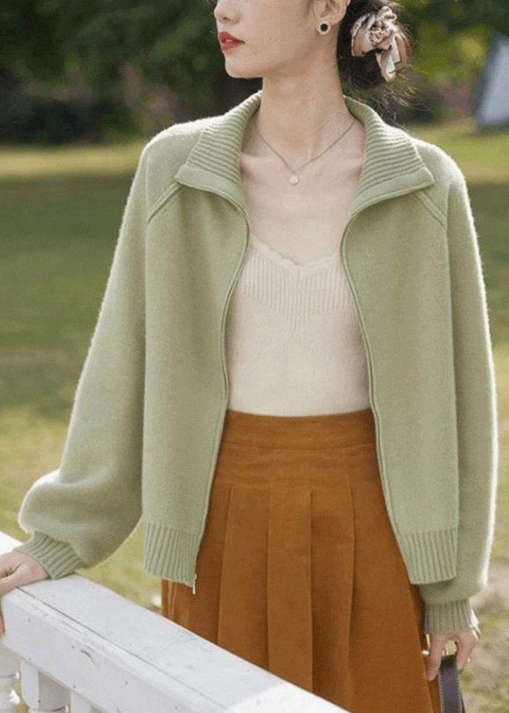 Loose Light Green Zip Up Patchwork Knit Coats Long Sleeve