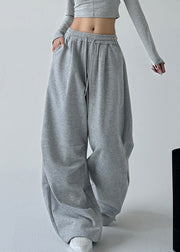 Loose Light Grey Pockets Drawstring Wide Leg Pants Spring