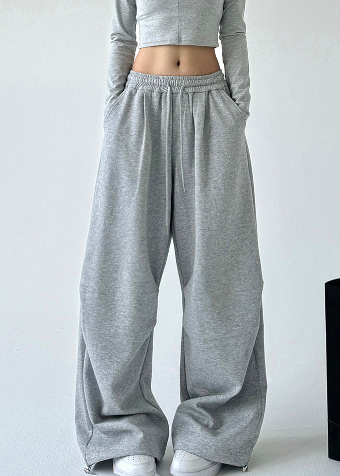 Loose Light Grey Pockets Drawstring Wide Leg Pants Spring