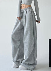 Loose Light Grey Pockets Drawstring Wide Leg Pants Spring