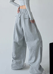 Loose Light Grey Pockets Drawstring Wide Leg Pants Spring