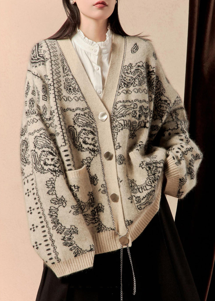 Loose Light Khaki Button Pockets Cotton Knit Cardigan Spring