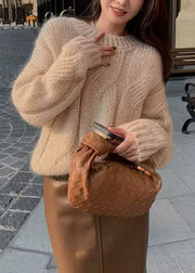 Loose Light Khaki O Neck Hollow Out Knit Sweater Winter