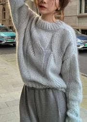 Loose Light Khaki O Neck Hollow Out Knit Sweater Winter