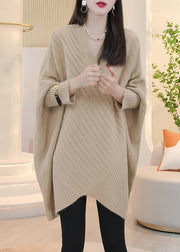 Loose Light Khaki V Neck Cozy Knit Sweater Batwing Sleeve