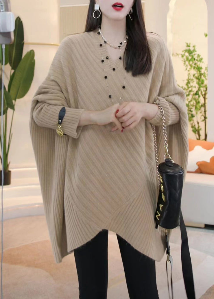 Loose Light Khaki V Neck Cozy Knit Sweater Batwing Sleeve