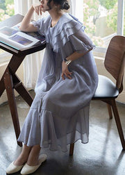 Loose Light Purple Ruffled Button Cotton Dresses Short Sleeve