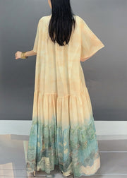 Loose Light Yellow Wrinkled Print Chiffon Long Dress Flare Sleeve