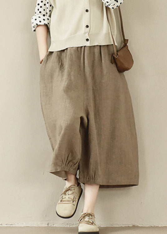 Loose Linen Colour Elastic Waist Wide Leg Pants Summer