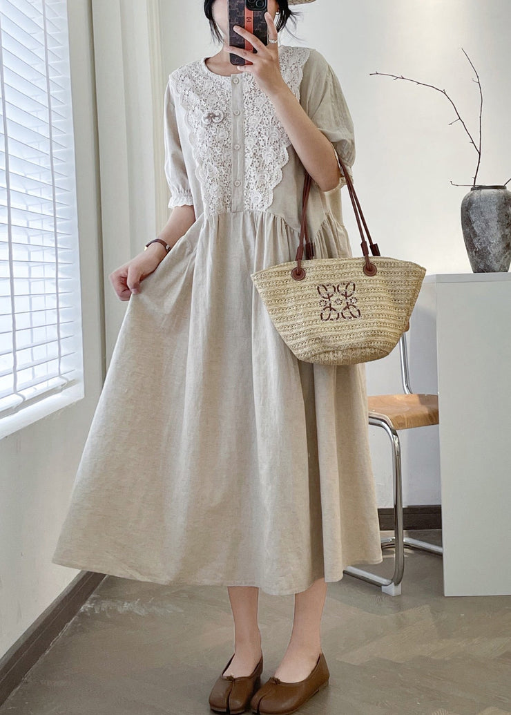 Loose Linen O Neck Lace Patchwork Linen Long Dresses Summer